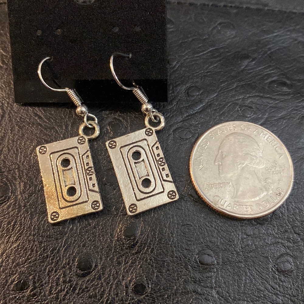 Silver cassette tape earrings dangling NEW